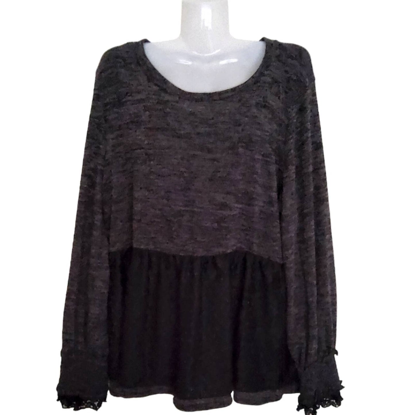 NWT!! ANTHROPOLOGIE RO+DE Black/Gray Amirah Lace Long Smocked Cuff Sleeve Top XL