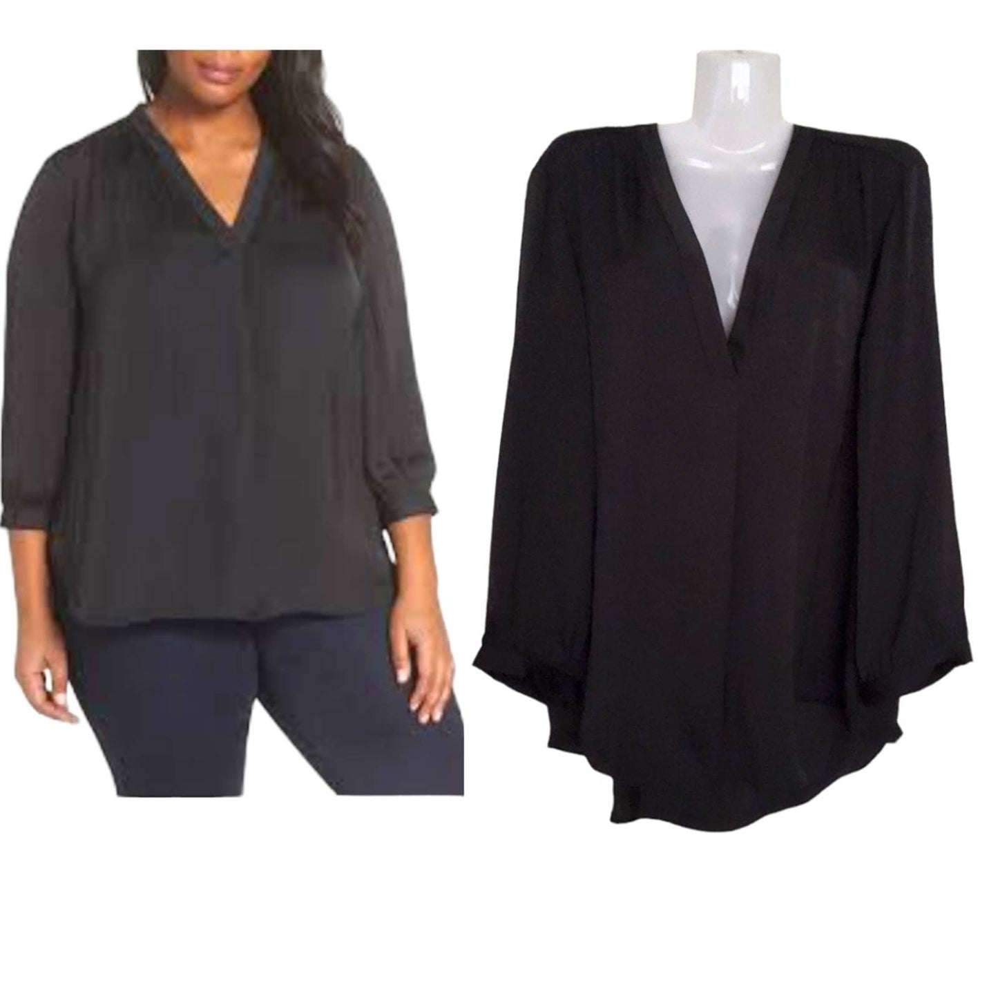 NWT!! Vince Camuto Rich Black Deep V- Neck Plus Size Rumple Fabric Blouse