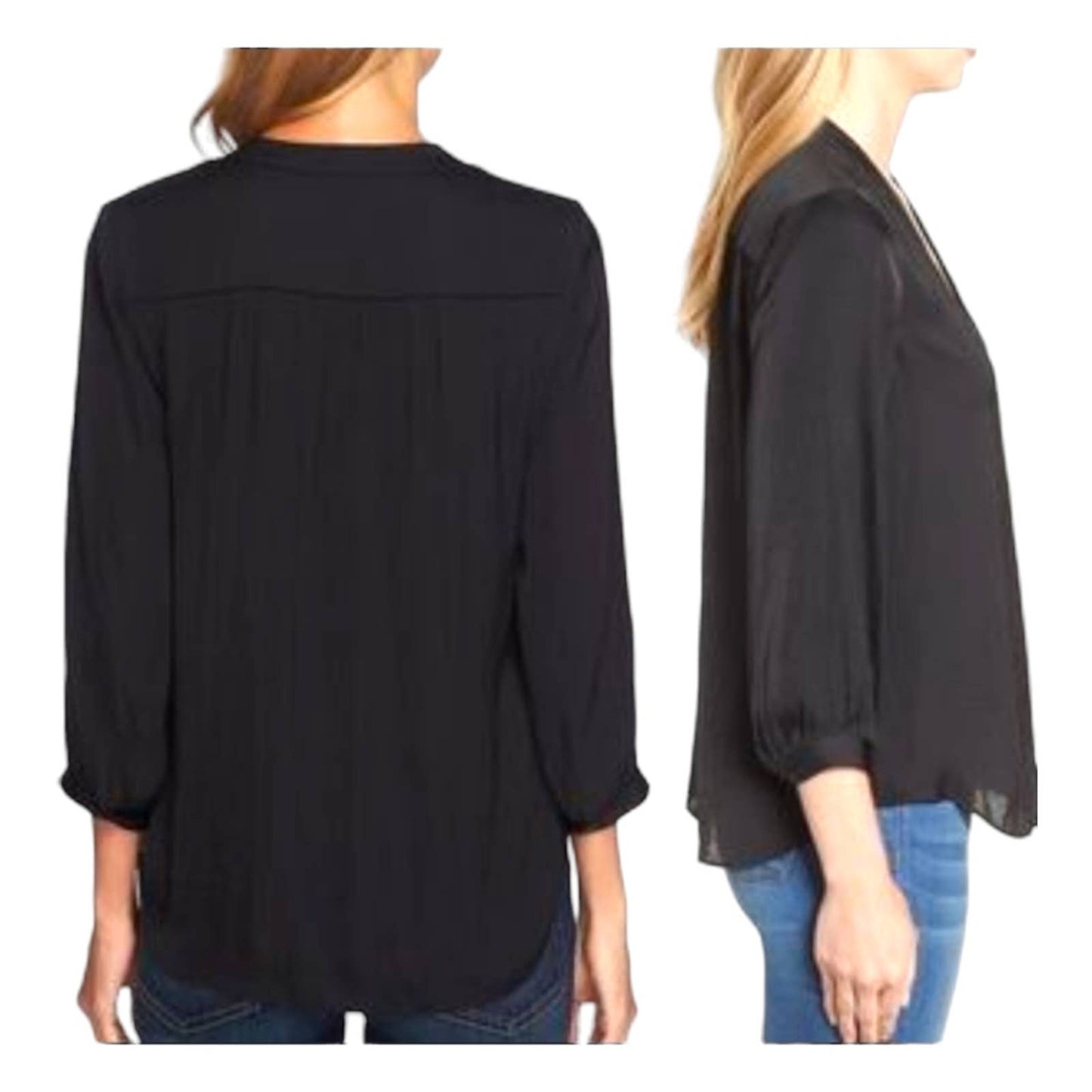 NWT!! Vince Camuto Rich Black Deep V- Neck Plus Size Rumple Fabric Blouse