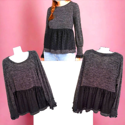 NWT!! ANTHROPOLOGIE RO+DE Black/Gray Amirah Lace Long Smocked Cuff Sleeve Top XL