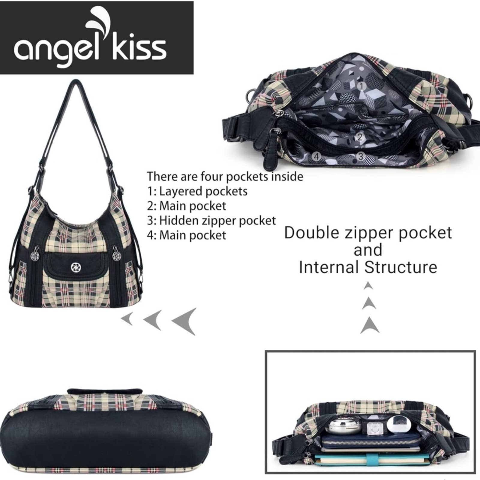 Angel Kiss Vegan Leather Plaid Hobo Bag – Black & Apricot Convertible Handbag