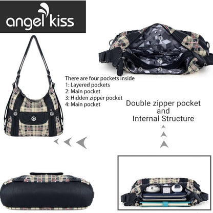 NWT! Black and Apricot Designer Angel Kiss Vegan Leather Plaid Shoulder Hobo Bag