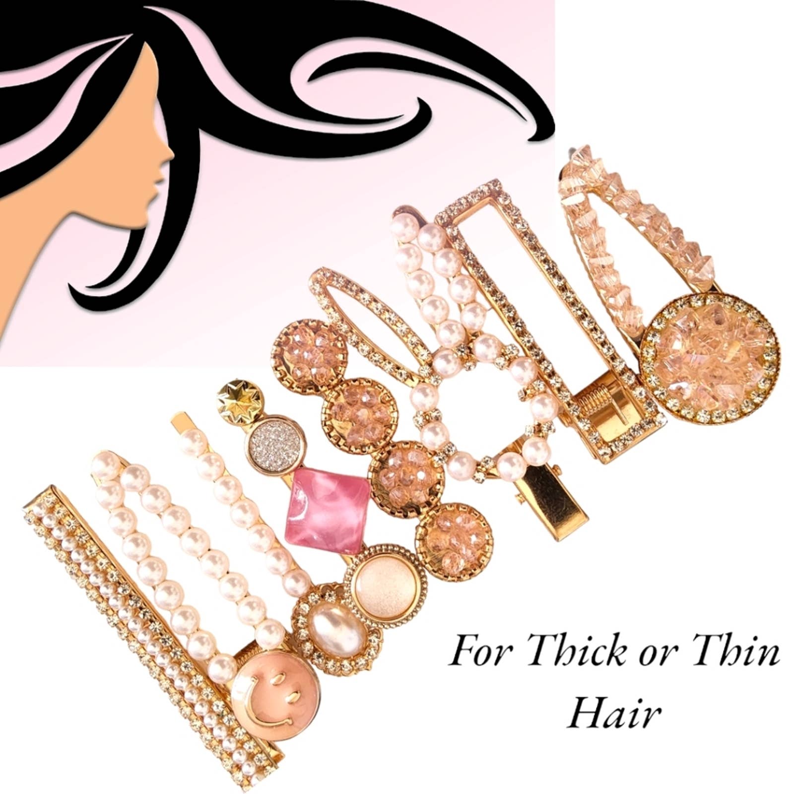 Rose Gold Pearl Rhinestone Hair Barrettes – 8-Piece Sparkling Clip Set