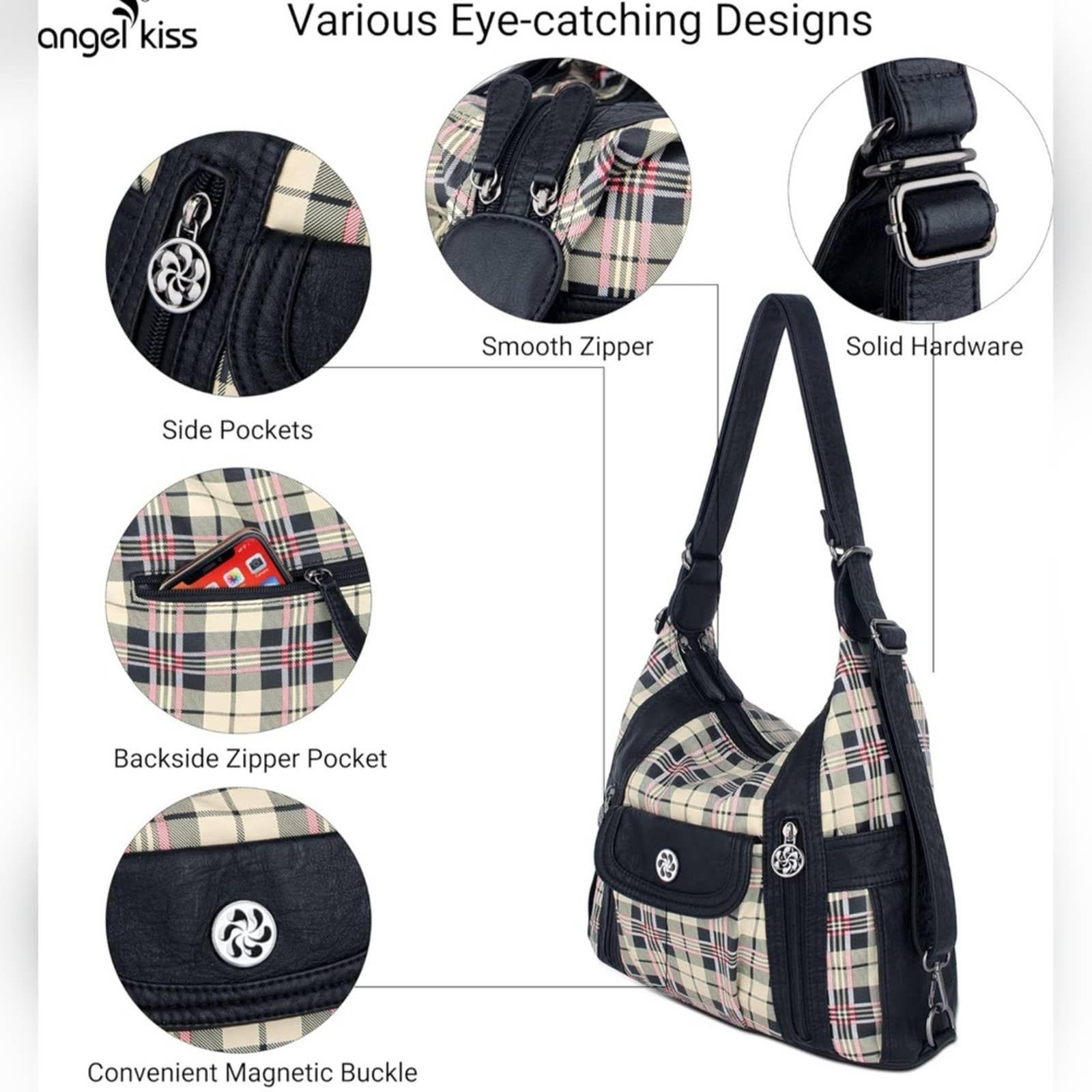 Angel Kiss Vegan Leather Plaid Hobo Bag – Black & Apricot Convertible Handbag