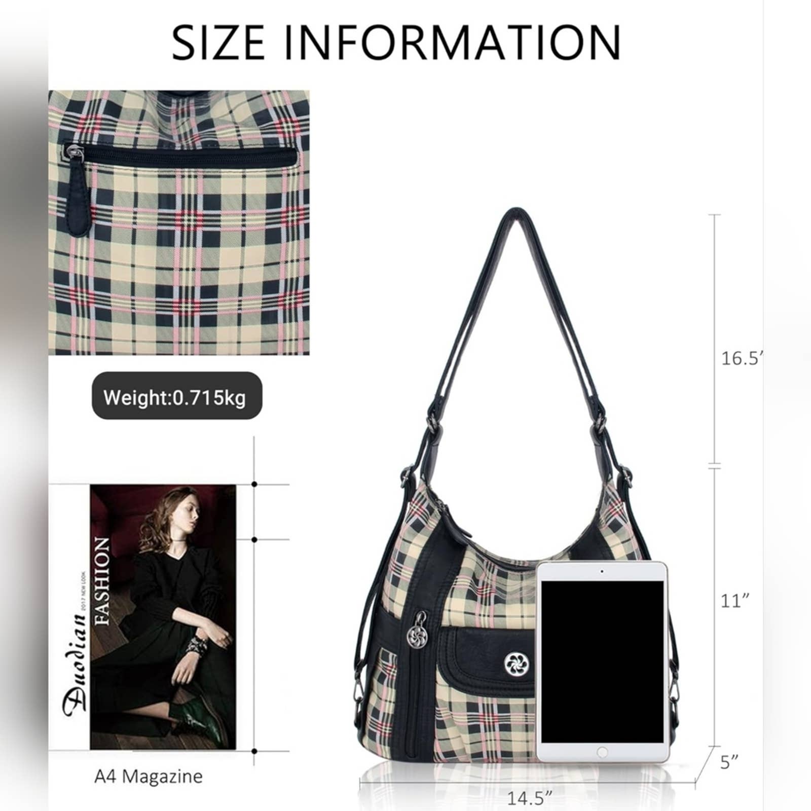 Angel Kiss Vegan Leather Plaid Hobo Bag – Black & Apricot Convertible Handbag