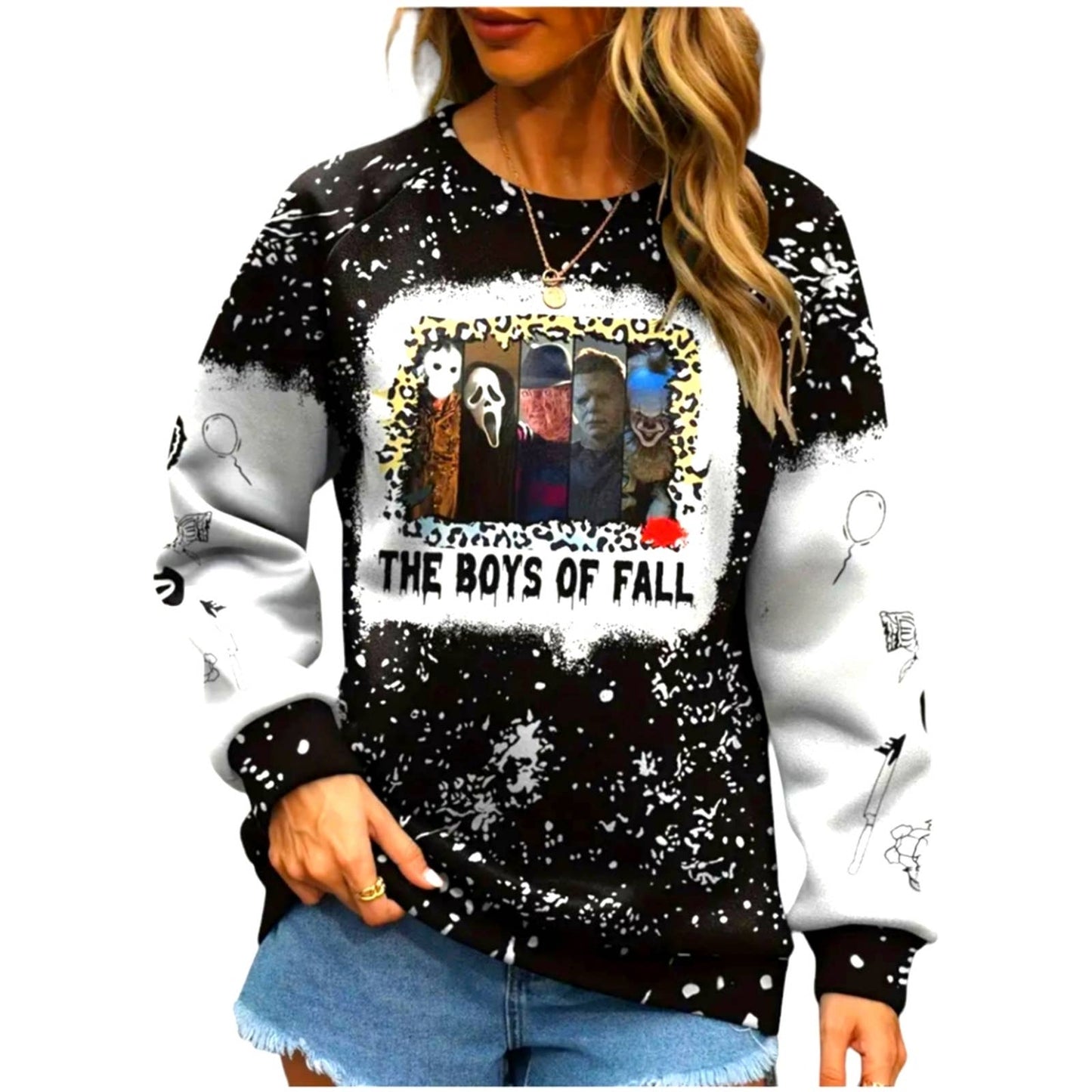 Women's "The Boys Of Fall" Black and White Horror-Themed Graphic Sweatshirt XXL