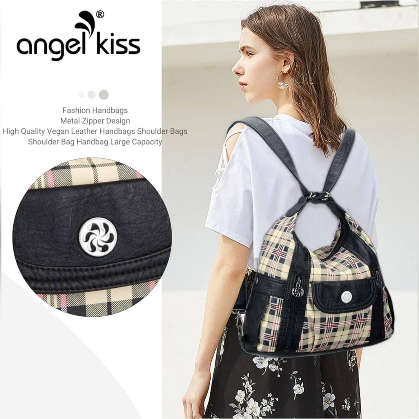 NWT! Black and Apricot Designer Angel Kiss Vegan Leather Plaid Shoulder Hobo Bag