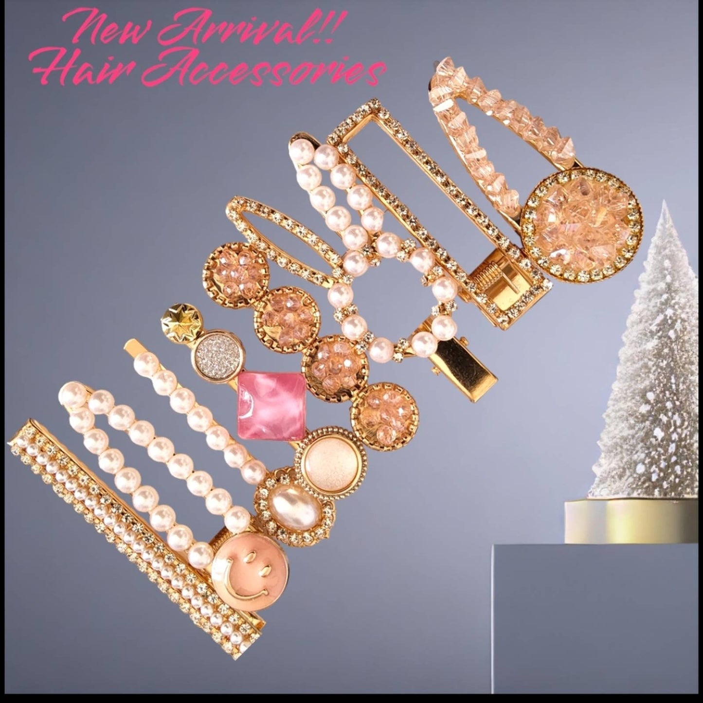 NWT!! Rose Gold Pearl Rhinestone 8 Piece Hair Barrettes Accessories!!