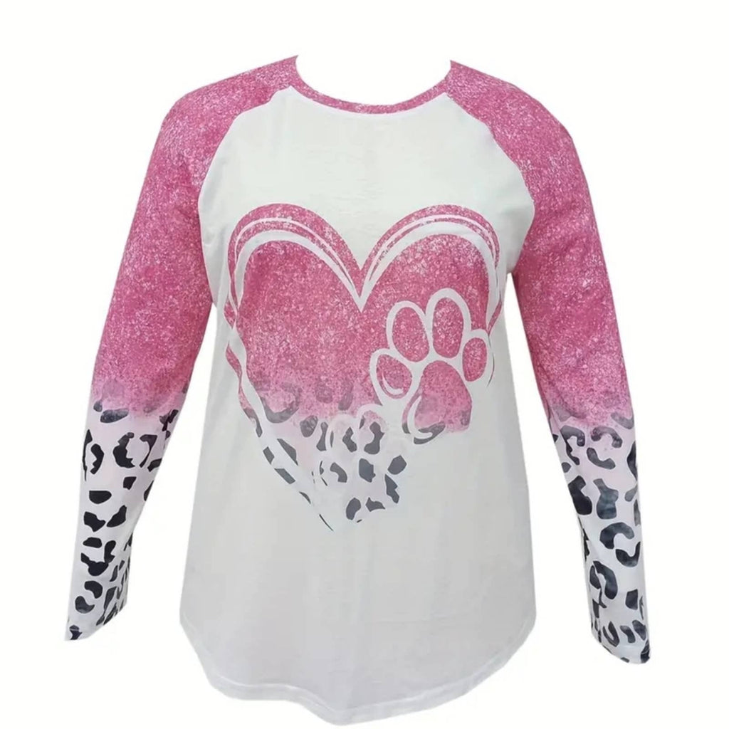 Plus Size Colorblock Leopard Heart Paw Print Crew Neck Top – Women's Casual Tee