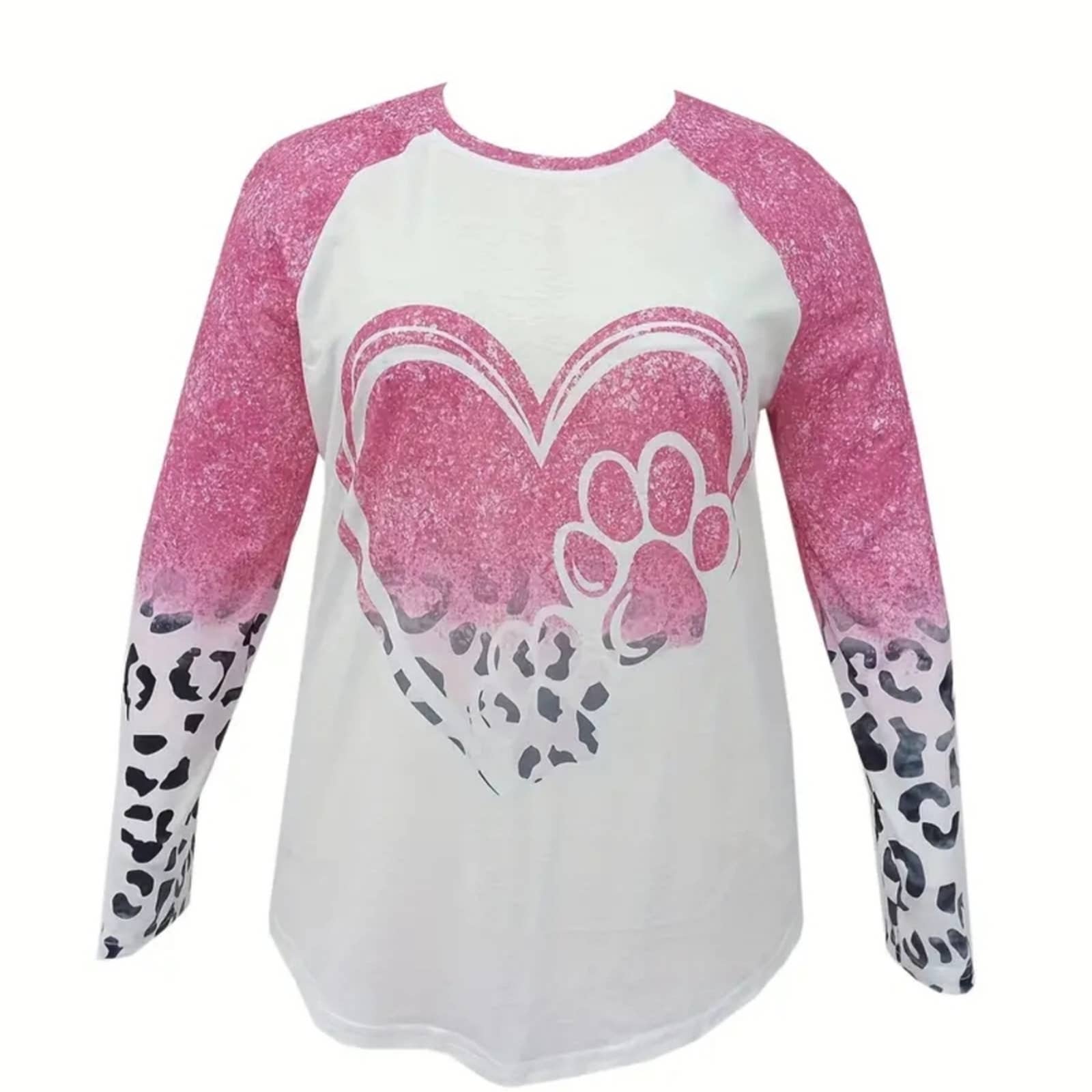 Plus Size Colorblock Leopard Heart Paw Print Crew Neck Top – Women's Casual Tee