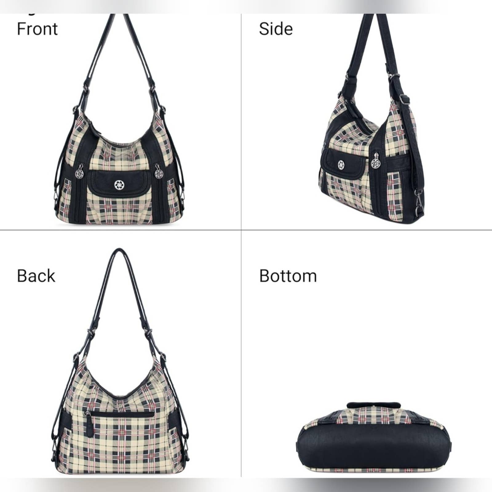 Angel Kiss Vegan Leather Plaid Hobo Bag – Black & Apricot Convertible Handbag