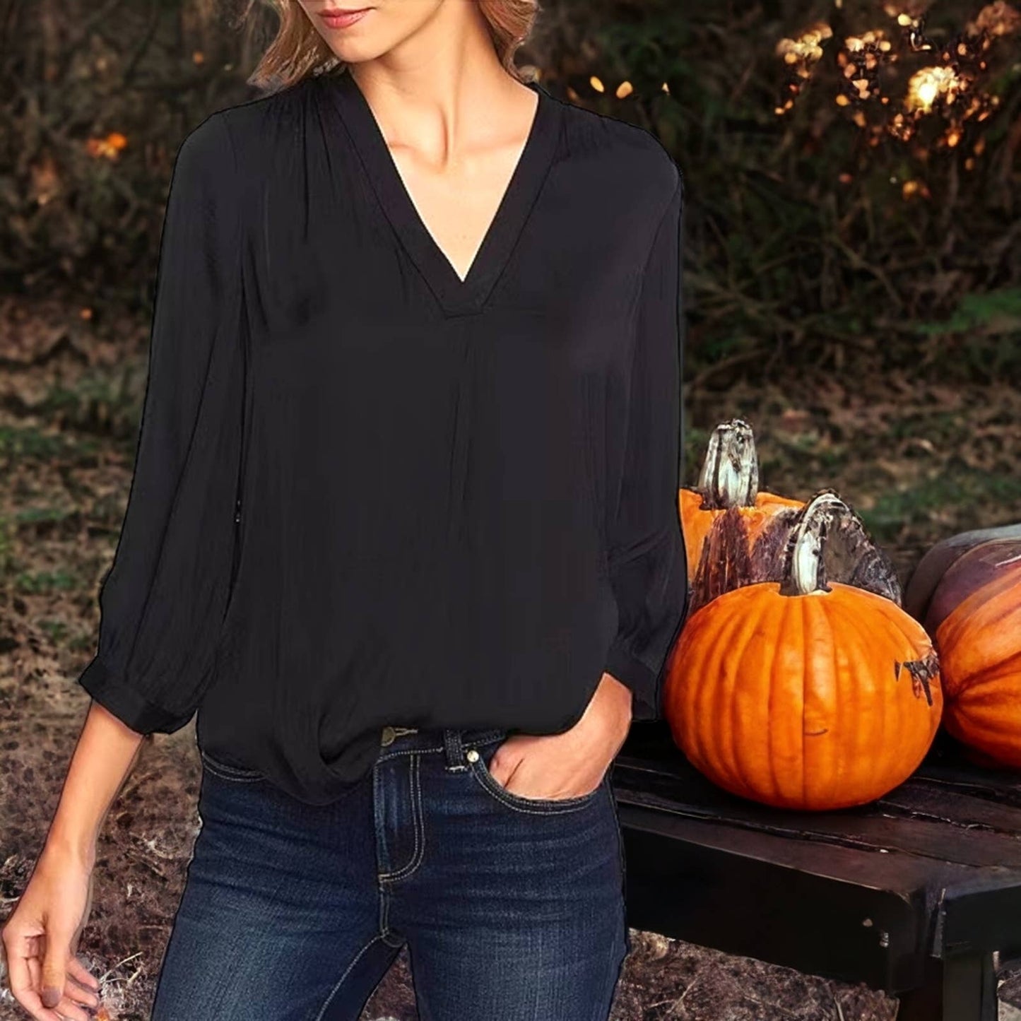 NWT!! Vince Camuto Rich Black Deep V- Neck Plus Size Rumple Fabric Blouse