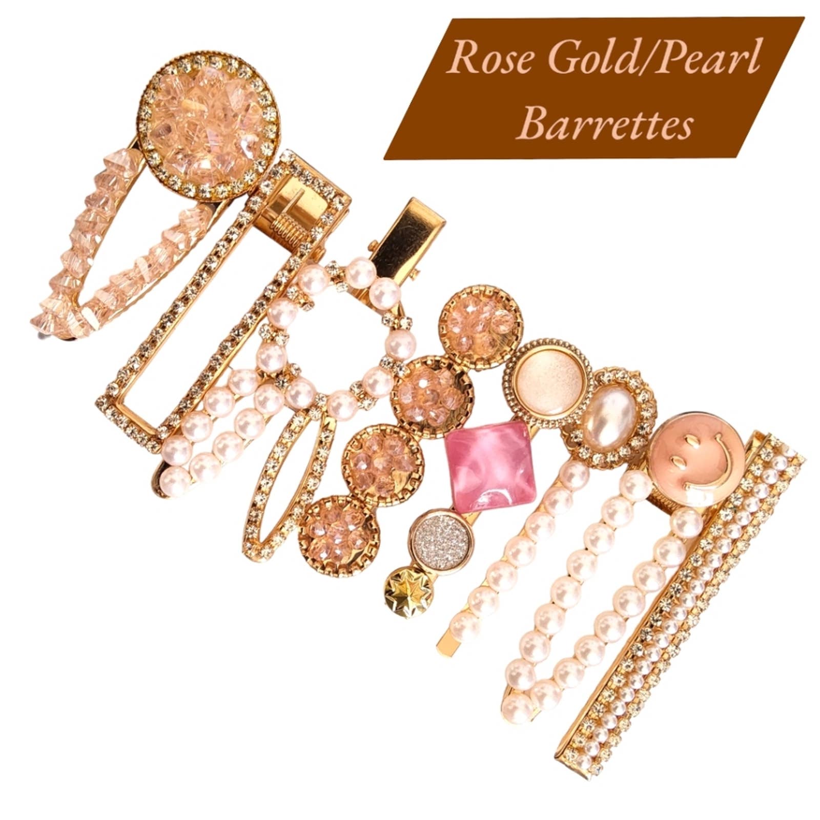 Rose Gold Pearl Rhinestone Hair Barrettes – 8-Piece Sparkling Clip Set