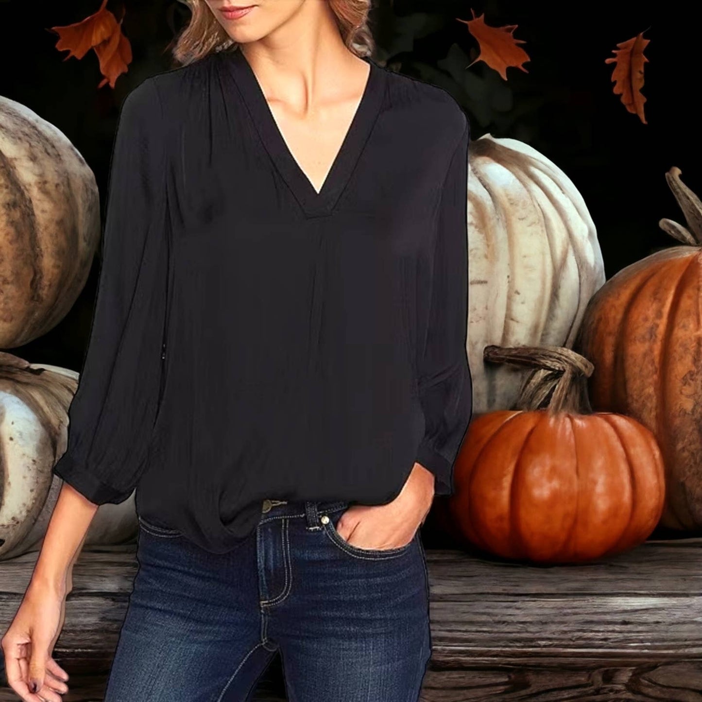 NWT!! Vince Camuto Rich Black Deep V- Neck Plus Size Rumple Fabric Blouse