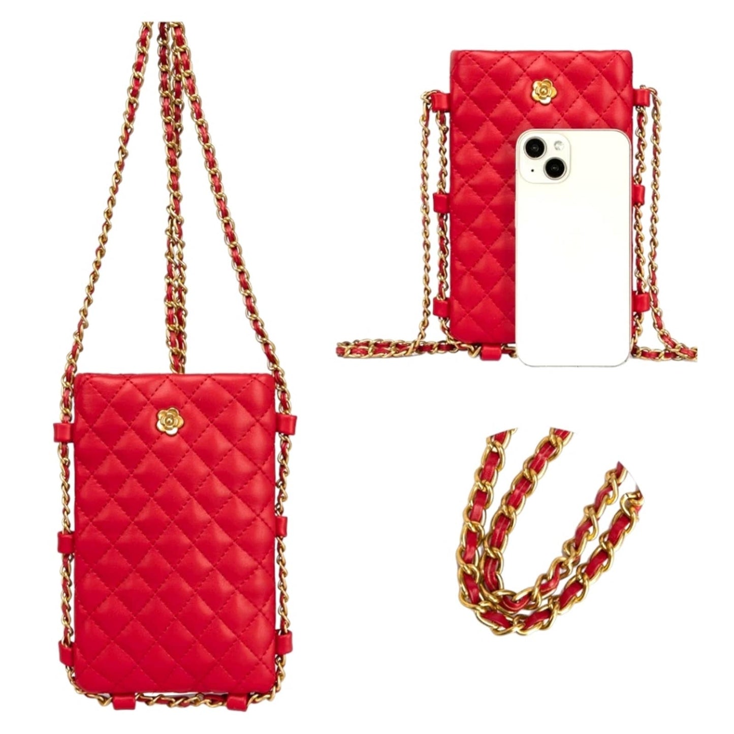 Women's Designer Red Quilted Vegan Leather Cell Phone Crossbody Shoulder Bag NWT