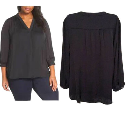 NWT!! Vince Camuto Rich Black Deep V- Neck Plus Size Rumple Fabric Blouse