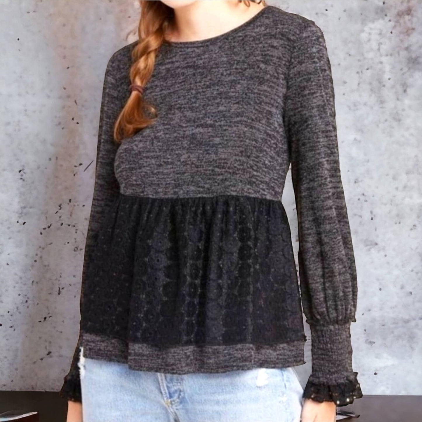 NWT!! ANTHROPOLOGIE RO+DE Black/Gray Amirah Lace Long Smocked Cuff Sleeve Top XL