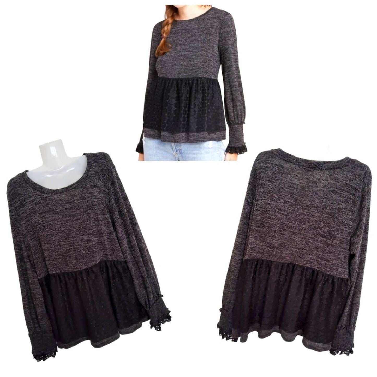 NWT!! ANTHROPOLOGIE RO+DE Black/Gray Amirah Lace Long Smocked Cuff Sleeve Top XL