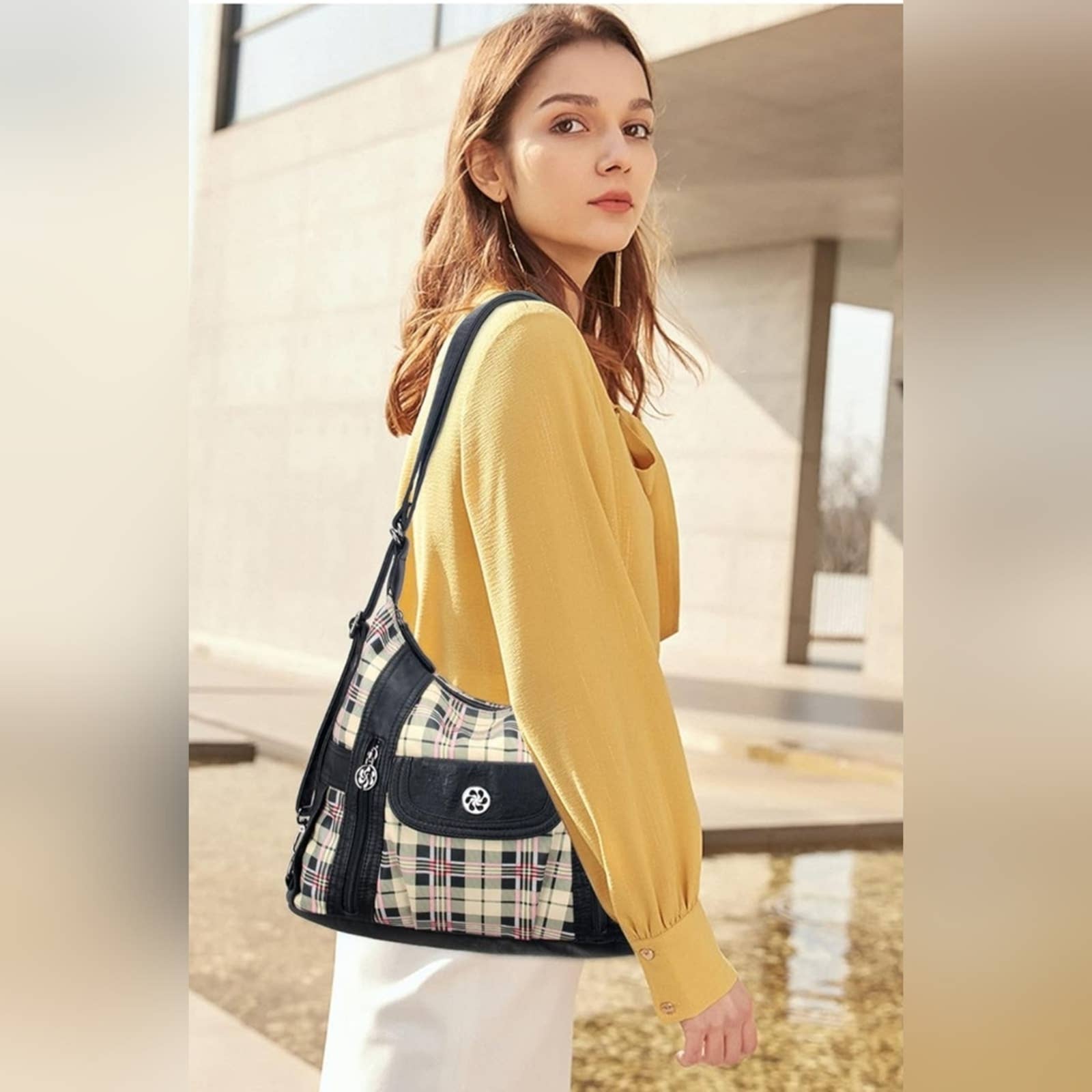 Angel Kiss Vegan Leather Plaid Hobo Bag – Black & Apricot Convertible Handbag