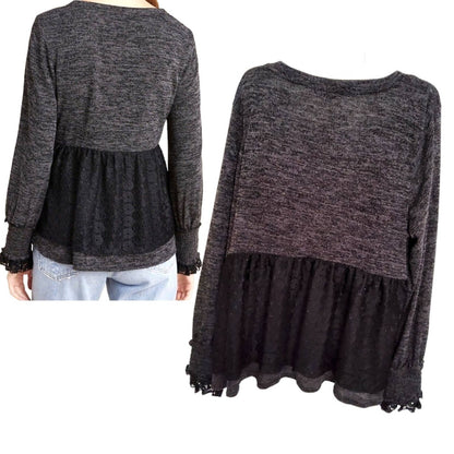 NWT!! ANTHROPOLOGIE RO+DE Black/Gray Amirah Lace Long Smocked Cuff Sleeve Top XL