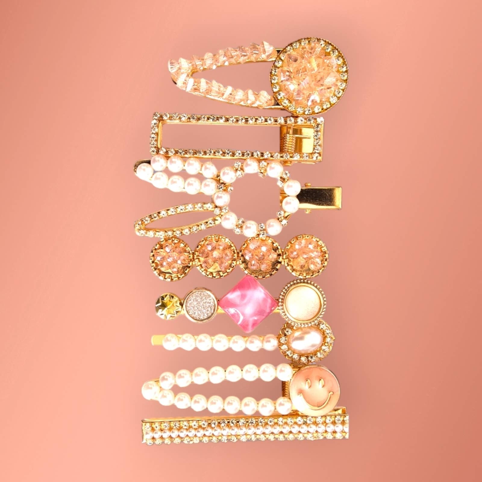 Rose Gold Pearl Rhinestone Hair Barrettes – 8-Piece Sparkling Clip Set