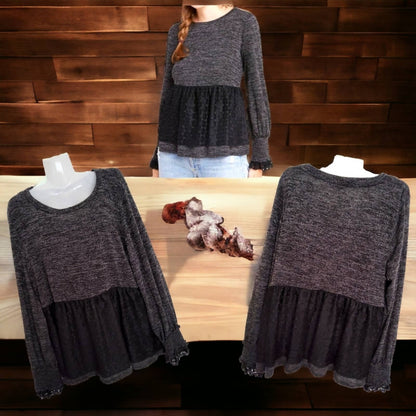 NWT!! ANTHROPOLOGIE RO+DE Black/Gray Amirah Lace Long Smocked Cuff Sleeve Top XL