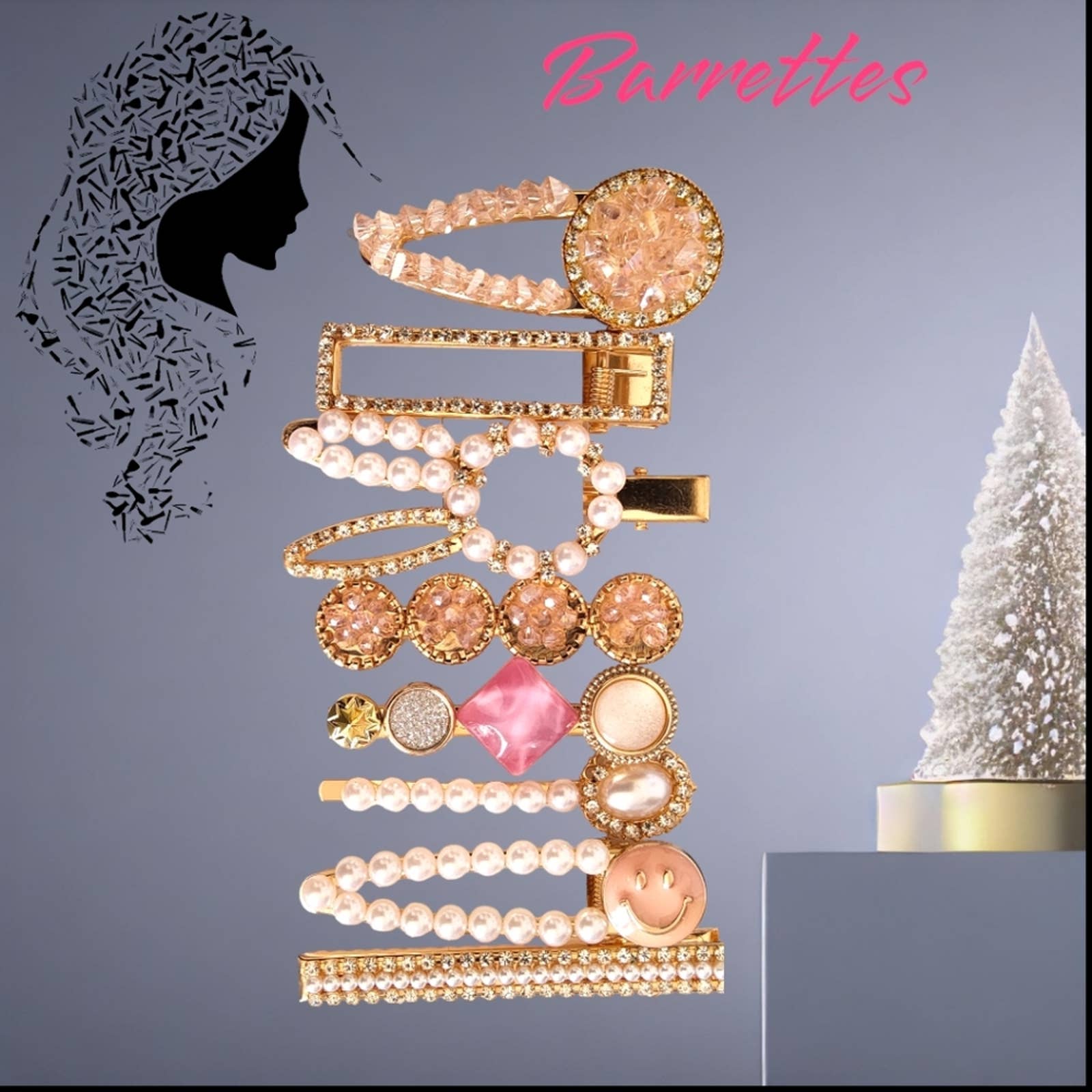 Rose Gold Pearl Rhinestone Hair Barrettes – 8-Piece Sparkling Clip Set