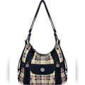 Angel Kiss Vegan Leather Plaid Hobo Bag – Black & Apricot Convertible Handbag