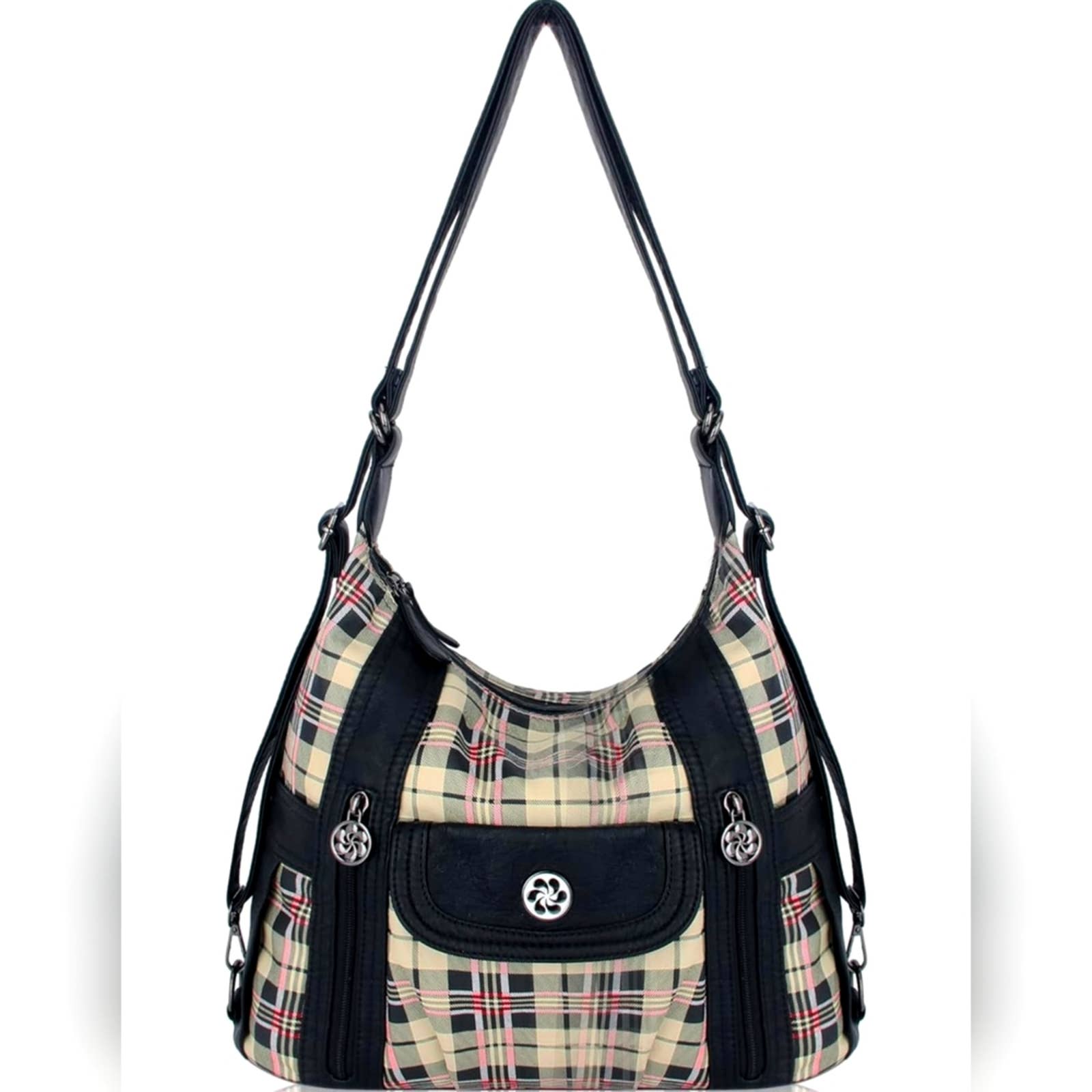 Angel Kiss Vegan Leather Plaid Hobo Bag – Black & Apricot Convertible Handbag