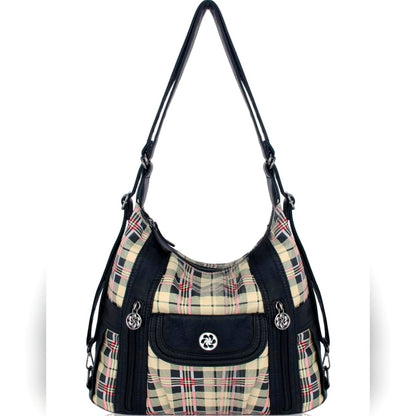 NWT! Black and Apricot Designer Angel Kiss Vegan Leather Plaid Shoulder Hobo Bag