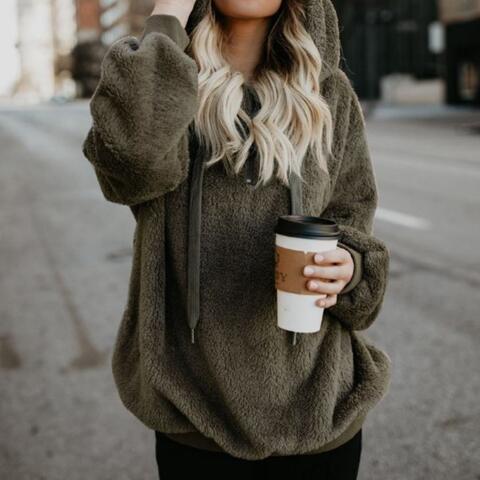 Quarter-Zip Drawstring Teddy Hoodie – Women's Cozy Fleece Pullover