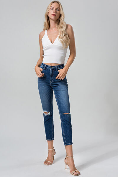 BAYEAS Full Size High Waist Distressed Washed Cropped Mom Jeans