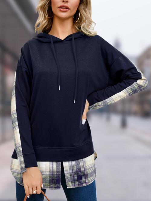 Plaid Drawstring Long Sleeve Slit Hoodie