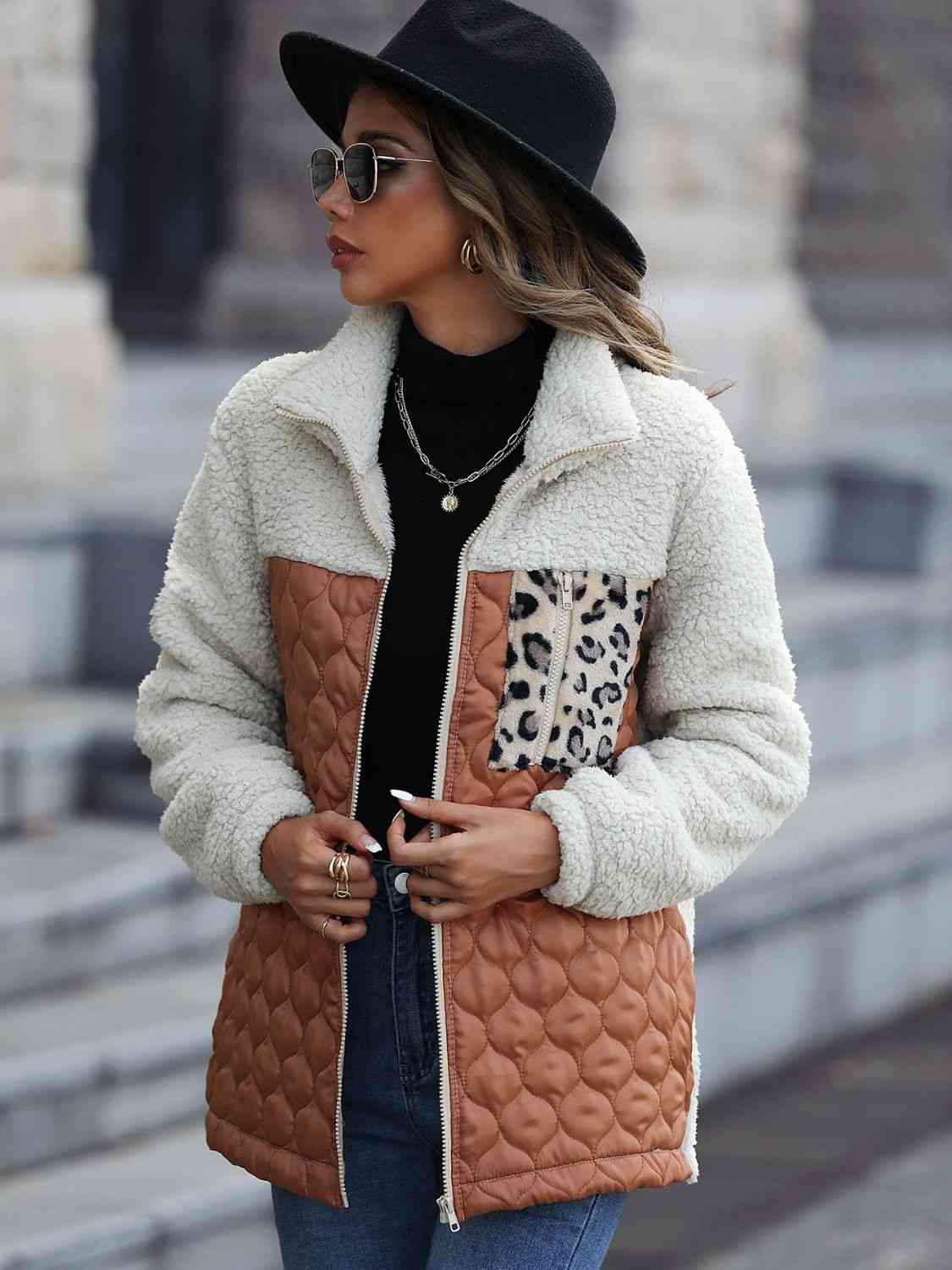 Leopard Color Block Zip-Up Jacket