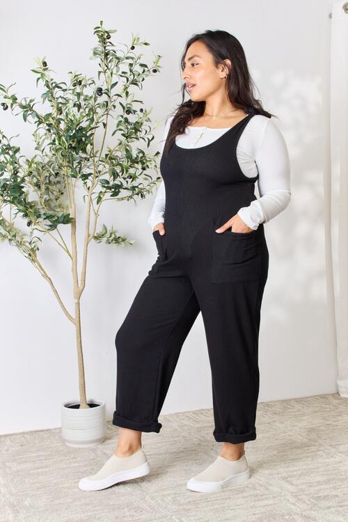 Celeste Full Size Ribbed Tie Shoulder Sleeveless Ankle Overalls