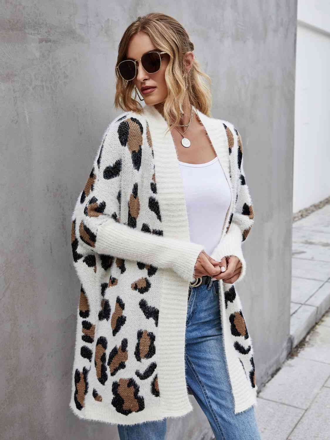 Leopard Pattern Fuzzy Open Front Cardigan – Women's Cozy Layering Piece