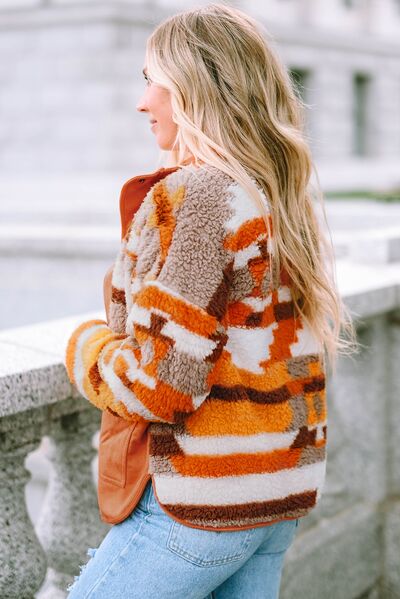 Fuzzy Contrast Snap Down Long Sleeve Jacket