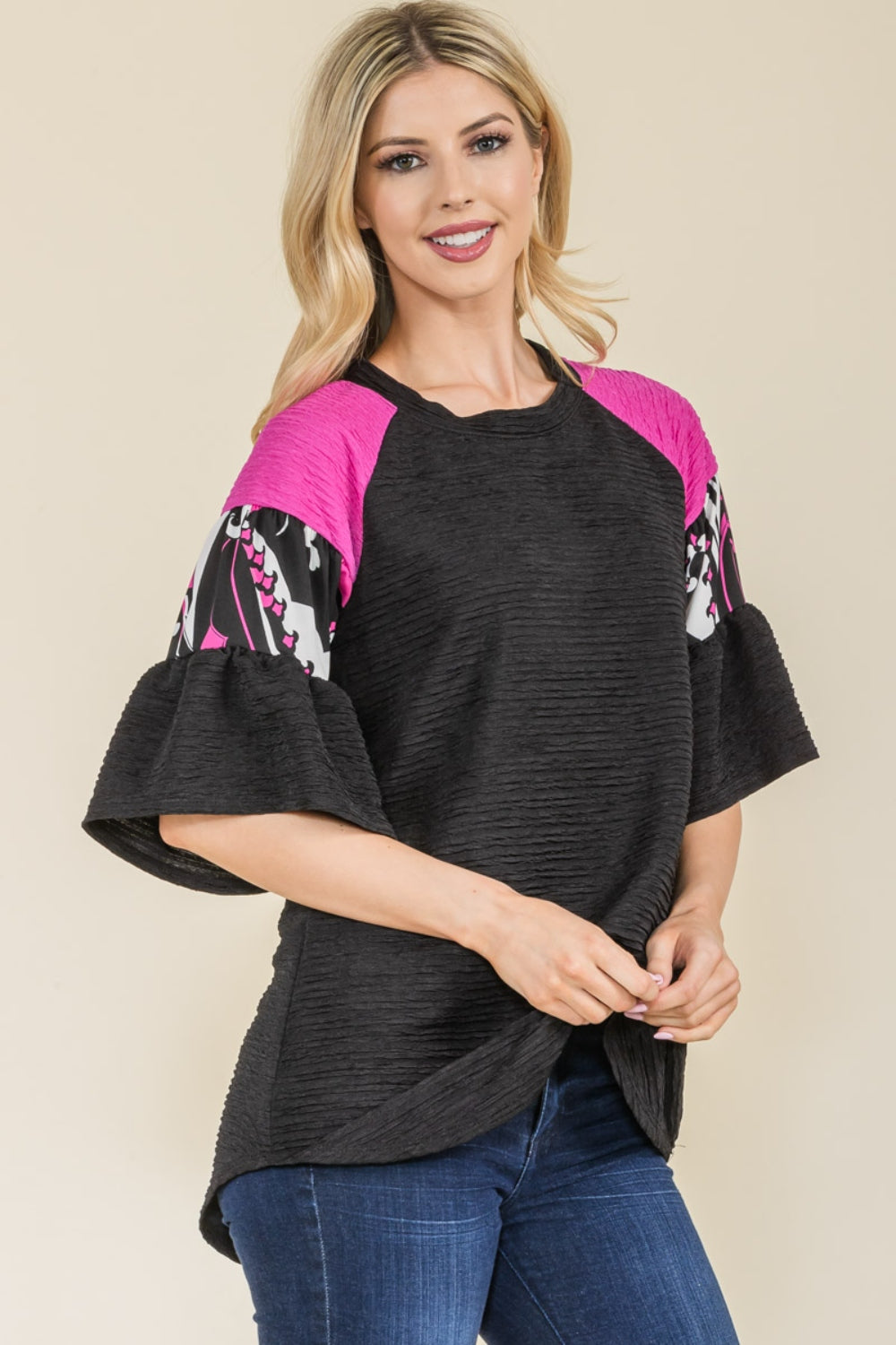 Celeste Full Size Texture Printed Color Block Top