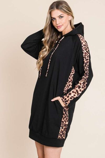 Culture Code Drawstring Leopard Long Sleeve Hooded Dress