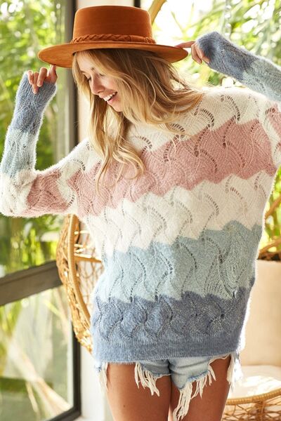 BiBi Color Block Openwork Long Sleeve Sweater