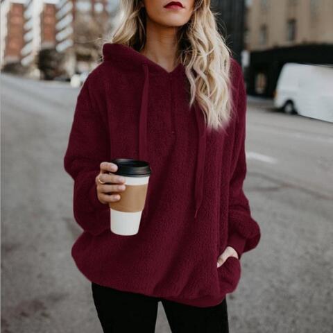 Quarter-Zip Drawstring Teddy Hoodie – Women's Cozy Fleece Pullover
