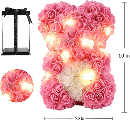 Valentines Day Gifts Rose Teddy Bear, over 250+ Flowers Gifts for Women Girlfriend Mom, Unique Gifts for Mothers Day Birthday with 10 Inch Clear Gift Box (Pink, 10Inch)