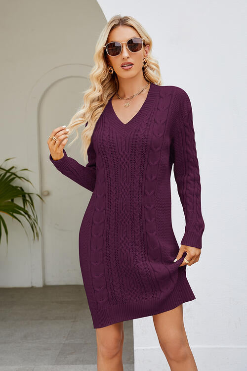 Cable-Knit Long Sleeve Sweater Dress – Women's Cozy Chic Midi