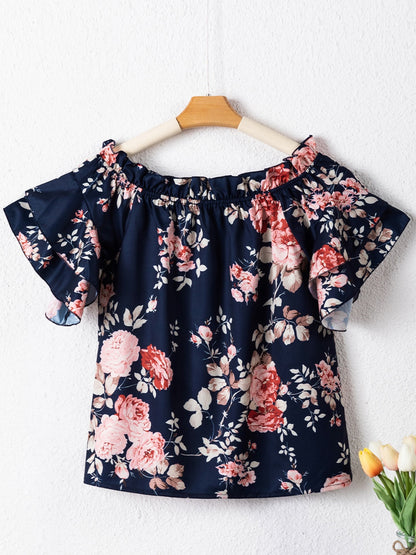 Printed Off-Shoulder Flounce Sleeve Blouse