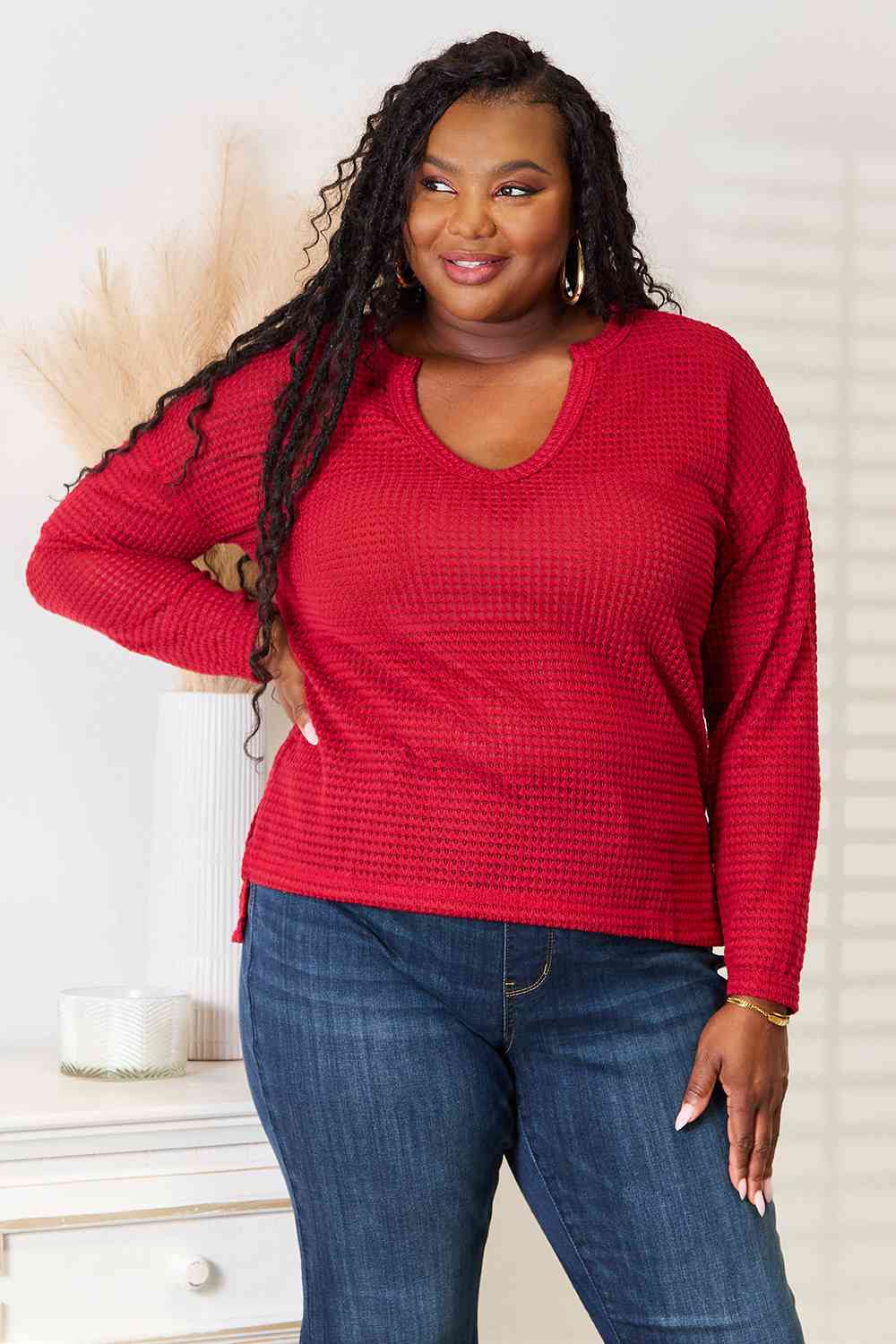 Culture Code Wide Notch Waffle-Knit Relax Top – All-Day Comfort