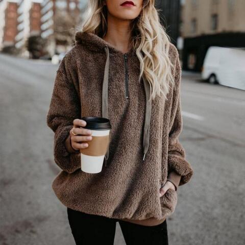 Quarter-Zip Drawstring Teddy Hoodie – Women's Cozy Fleece Pullover