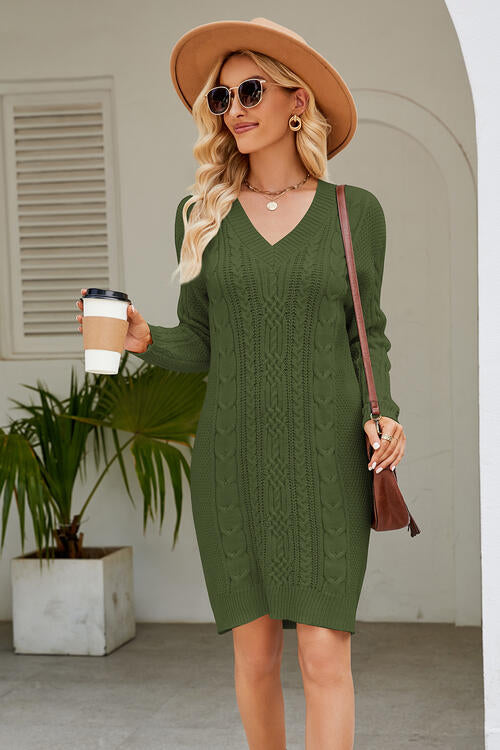 Cable-Knit Long Sleeve Sweater Dress – Women's Cozy Chic Midi
