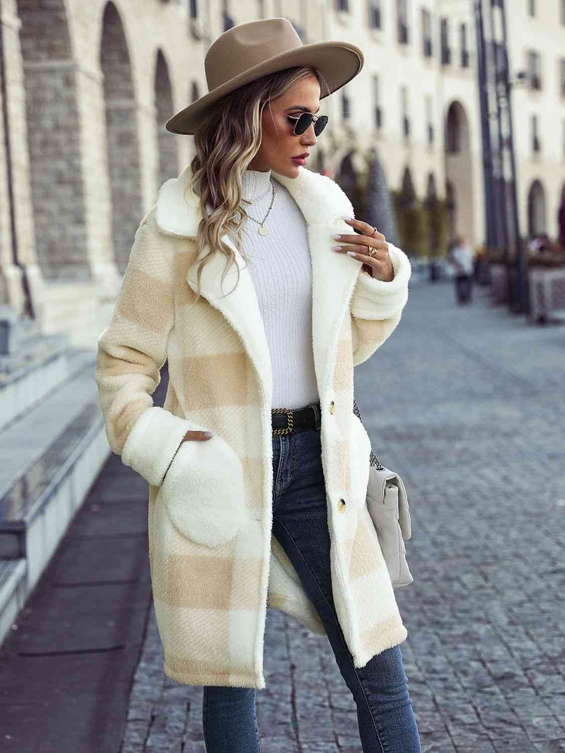 Plaid Button-Down Coat with Pockets – Women's Classic Outerwear