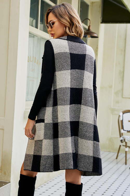 Plaid Open Front Sleeveless Cardigan with Pockets – Women's Layering Essential