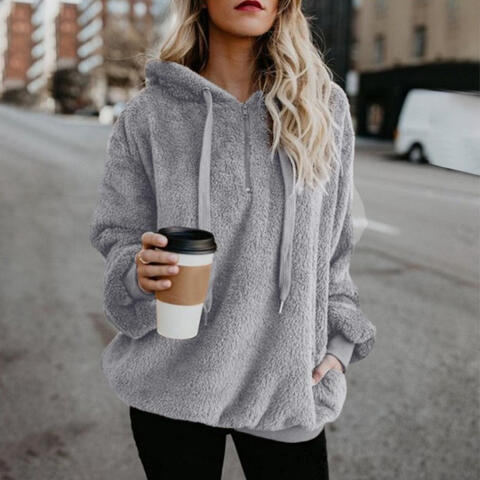 Quarter-Zip Drawstring Teddy Hoodie – Women's Cozy Fleece Pullover